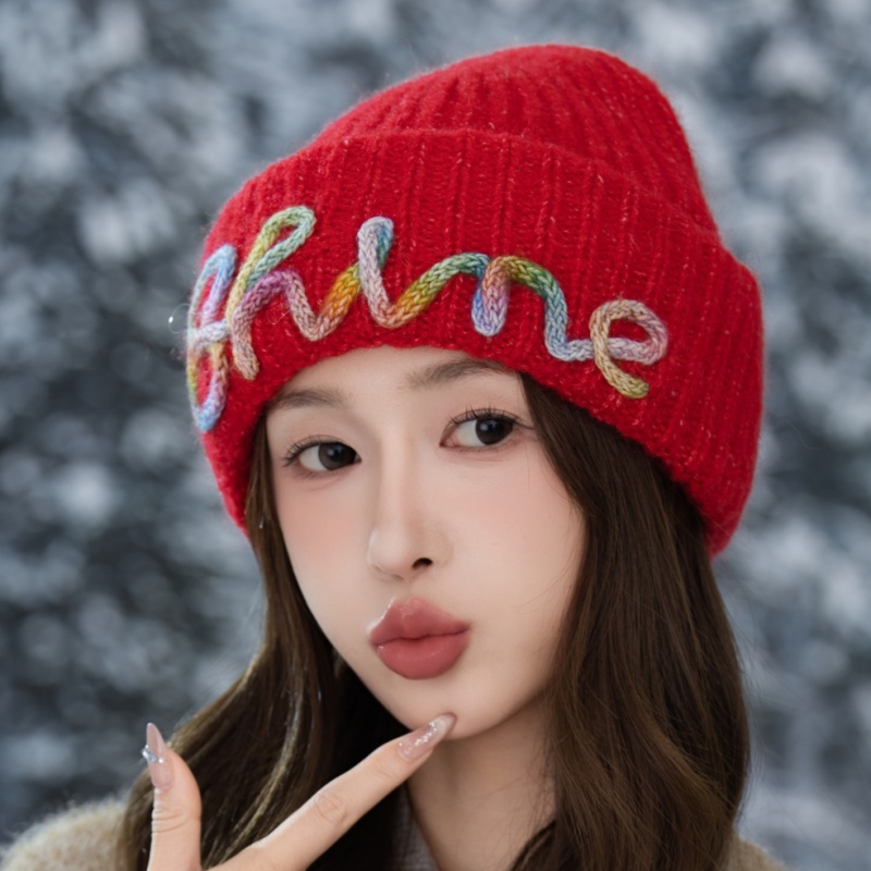 韩版彩色字母加厚刺绣针织帽