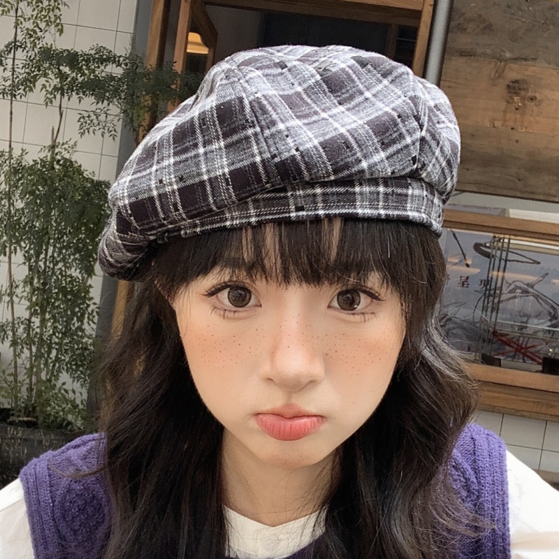 韩版时尚格纹贝雷帽女春夏文艺复古八角帽显脸小百搭画家帽南瓜帽
