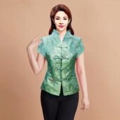 亮面料短袖 女士夏季 改良旗袍上衣新杉名华复古修身 时尚 外衣 中式
