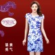 少女时尚 包臀裙清新低领旗袍年轻款 高档蓝色系印花连衣裙 修身 夏季