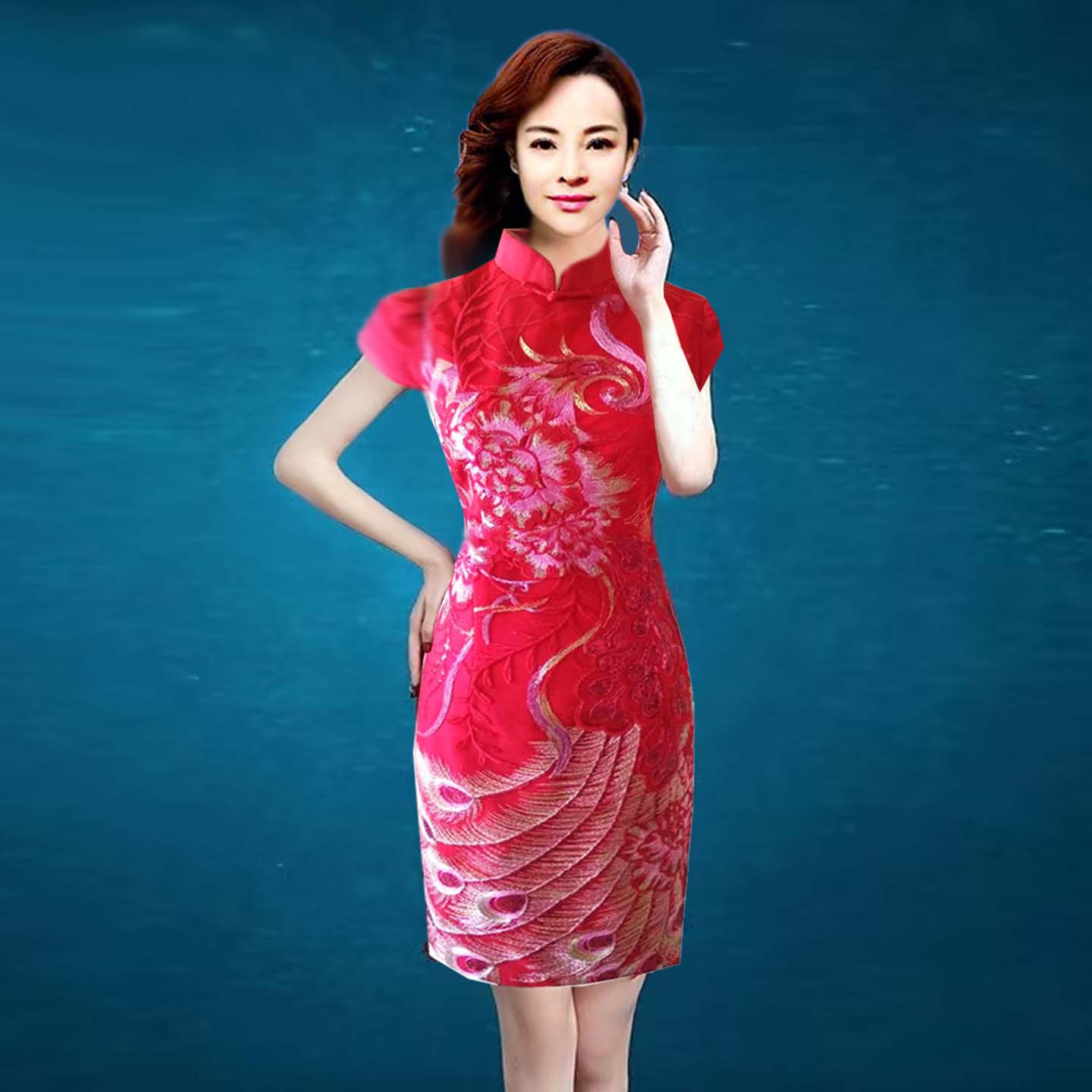 冬季红色修身包臀裙刺绣短旗袍