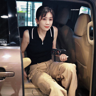 浪姐贾静雯同款黑色针织背心修身吊带女夏拼色无袖上衣拉链POLO领