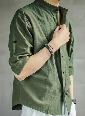七分袖衬衫男夏季韩版潮流立领帅气亚麻短袖衬衣中袖棉麻寸衫男士