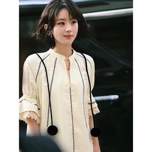 赵丽颖同款气质刺绣毛球喇叭袖衬衫连衣裙女2025夏季新减龄娃娃裙