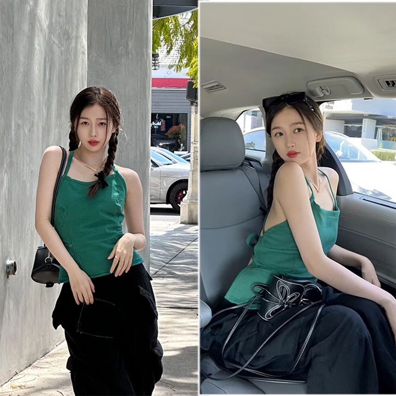 虞书欣明星同款绿色交叉绑带无袖吊带背心女夏季辣妹性感露背上衣