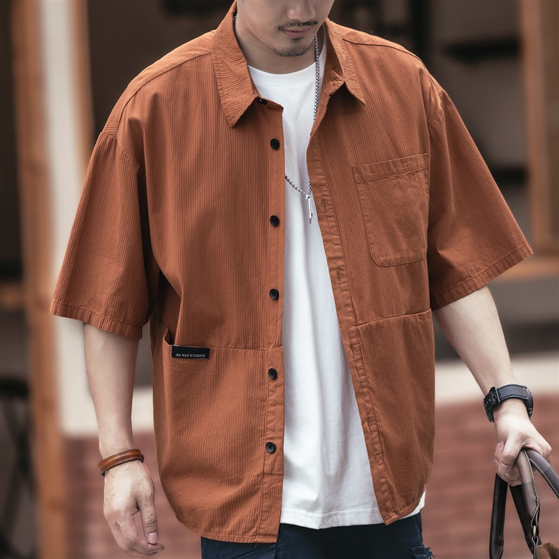 日系高端棉质短袖衬衫男夏季宽松休闲潮流半袖工装衬衣痞帅男士款