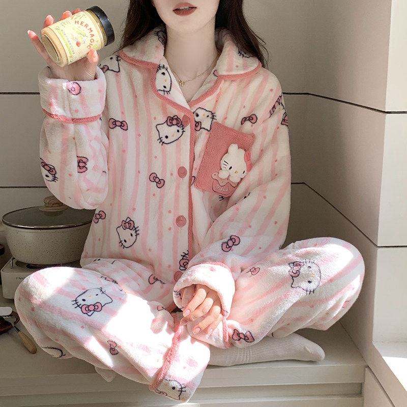 可爱睡衣女冬季2025新款法兰绒加厚加绒珊瑚绒甜美家居服开衫套装