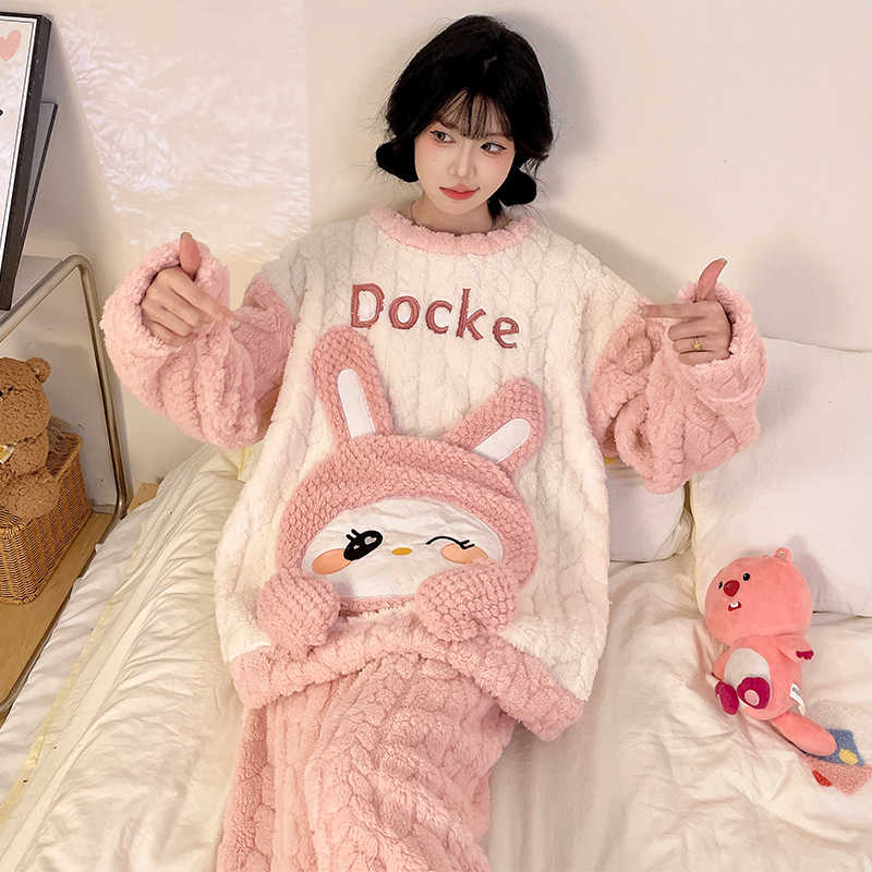 睡衣女可外穿冬季提花珊瑚绒套头卡通少女洋气独特别致家居服套装