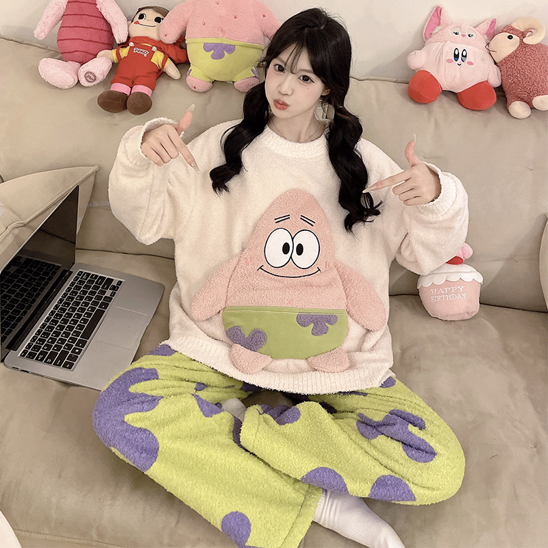 睡衣女可外穿2025新款加厚半边绒卡通圆领休闲少女可爱家居服套装