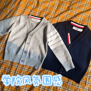 儿童针织开衫毛衣宝宝小童春秋长袖外套男童棉线4条白色拼色