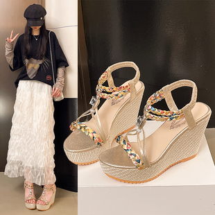 波西米亚民族风草编串珠露趾防滑坡跟凉鞋 新款 女夏季 超高跟凉鞋