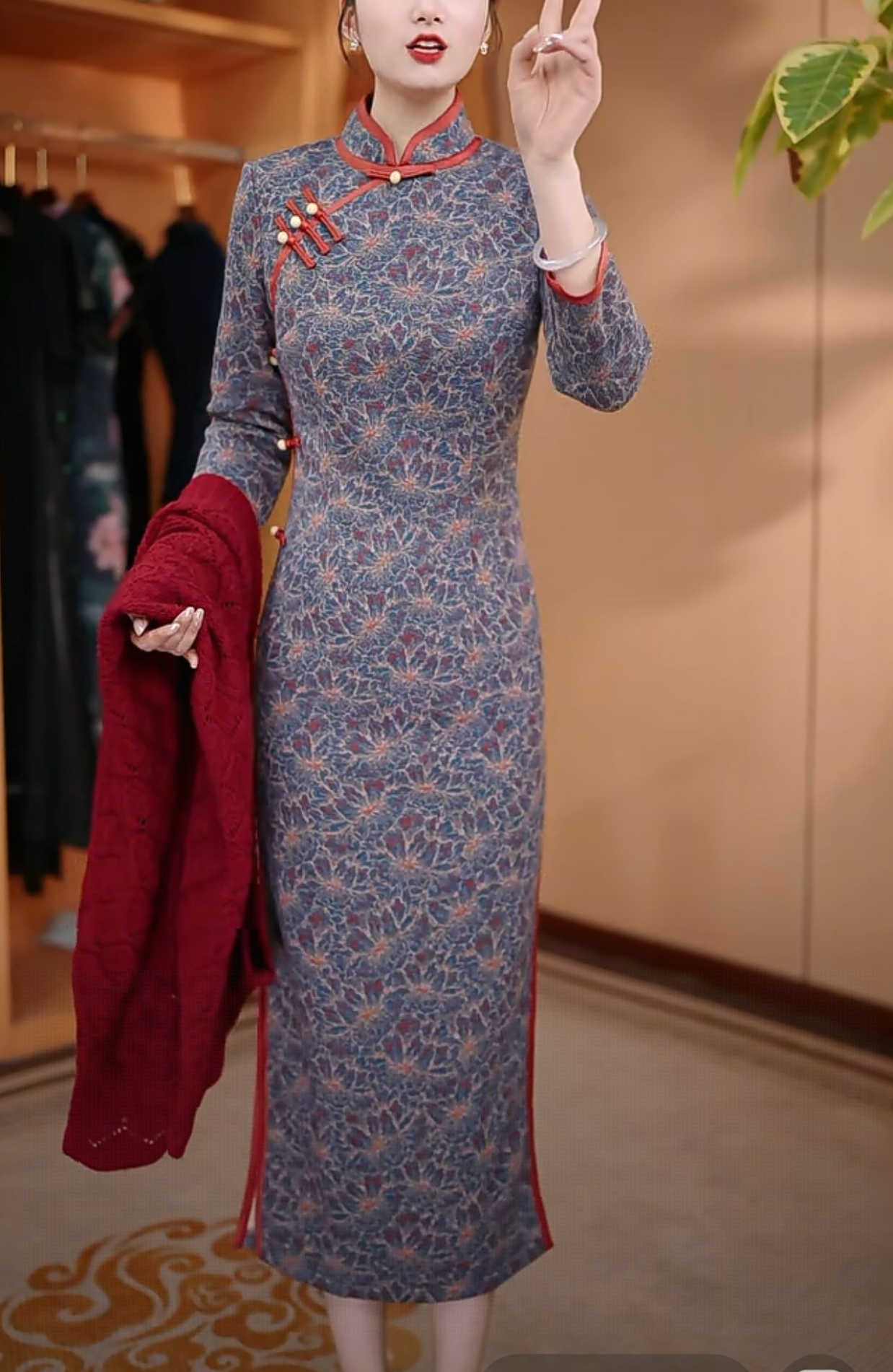 加厚秋冬装中式长款改良旗袍年轻款女复古长袖妈妈日常可穿喜酒款