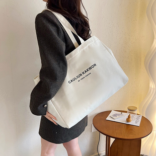 大容量厚实帆布印花LOGO手提单肩托特包环保袋女士潮流新款通勤包