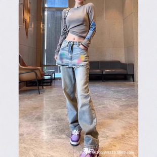 假两件裙裤女2025春秋新款今年流行爆款宽松刺绣窄版直筒牛仔裤女