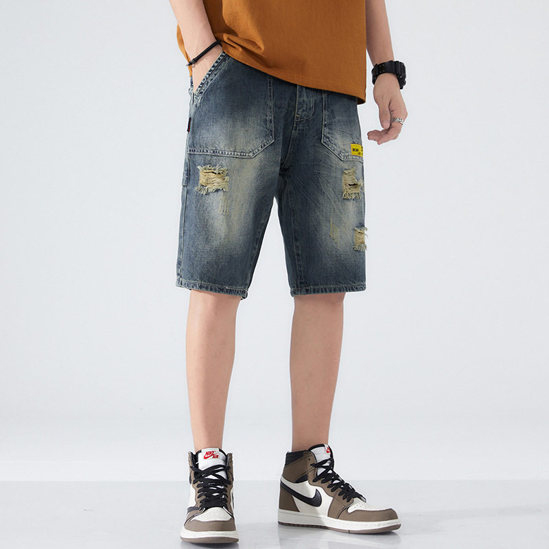 夏季薄款男士牛仔短裤破洞百搭日系潮流宽松大码乞丐五分裤男青年
