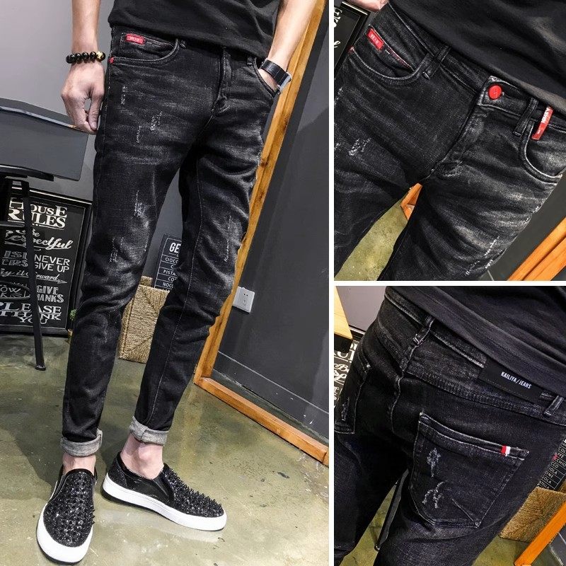 弹力牛仔裤男士修身春秋2023潮牌黑色破洞九分小脚裤秋冬季长裤子