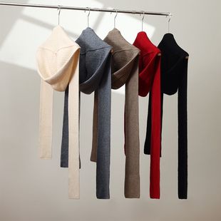 秋冬100%纯羊毛连帽围巾一体女针织披肩保暖围脖假领子假衣领带帽