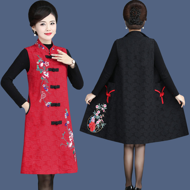 民族风唐装马夹中老年女装春秋立领绣花马甲背心中长款妈妈外套潮