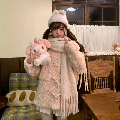 定染浅粉色可爱羊羔毛外套超厚实