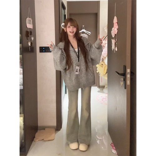 「小鸟自制」小韩留学生宽松大版型oversize纯色拉链开衫毛衣～
