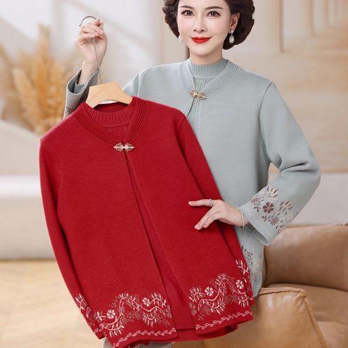 中老年女装秋国风针织纯色两件套