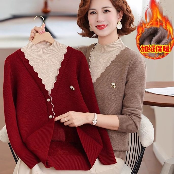 中老年秋冬新款时尚半高领长袖中老年女加绒加厚假两件针织打底衫,女装/女士精品,中老年女装,淘宝优惠券,粉丝福利购,淘宝优惠卷