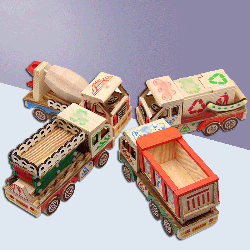 儿童木质彩色工程车木制玩具环卫翻斗车搅拌升降仿真汽车模型摆件