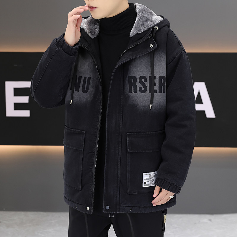 冬季加绒加厚牛仔派克服青少年宽松连帽棉衣保暖夹克潮流韩版外套