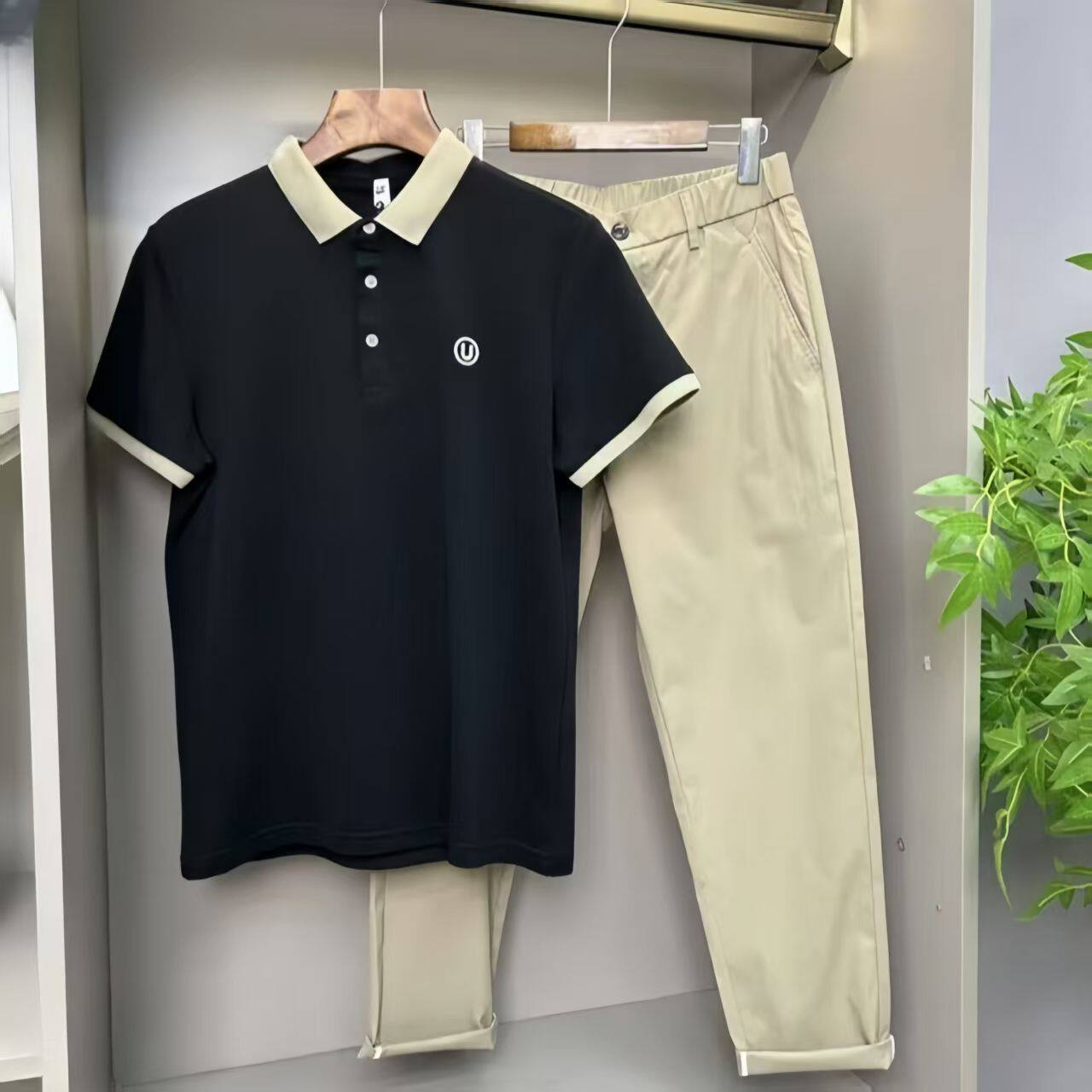 抖音爆款夏季新款翻领上衣男士短袖T恤刺绣休闲POLO男polo衫套装