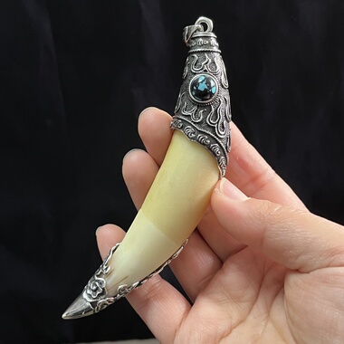 铜镀银吊坠高端镀吊坠套托白铜挂件大号熊虎牙镶嵌配件牙尖套