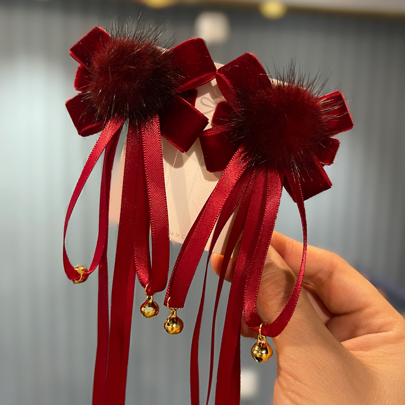 新年红色儿童国风蝴蝶结飘带发夹
