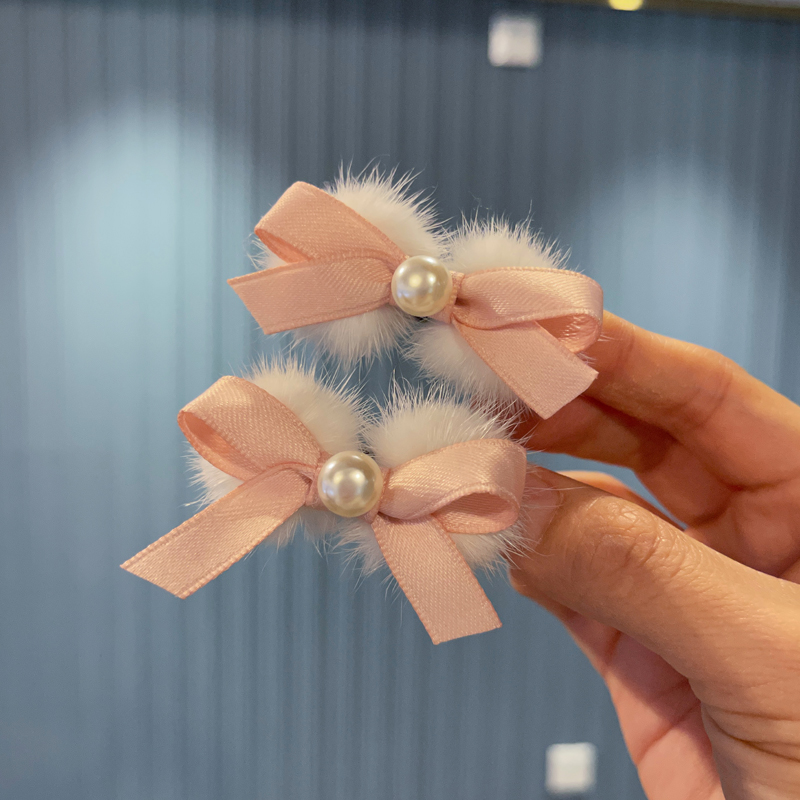 韩版女童珍珠蝴蝶结毛球发夹