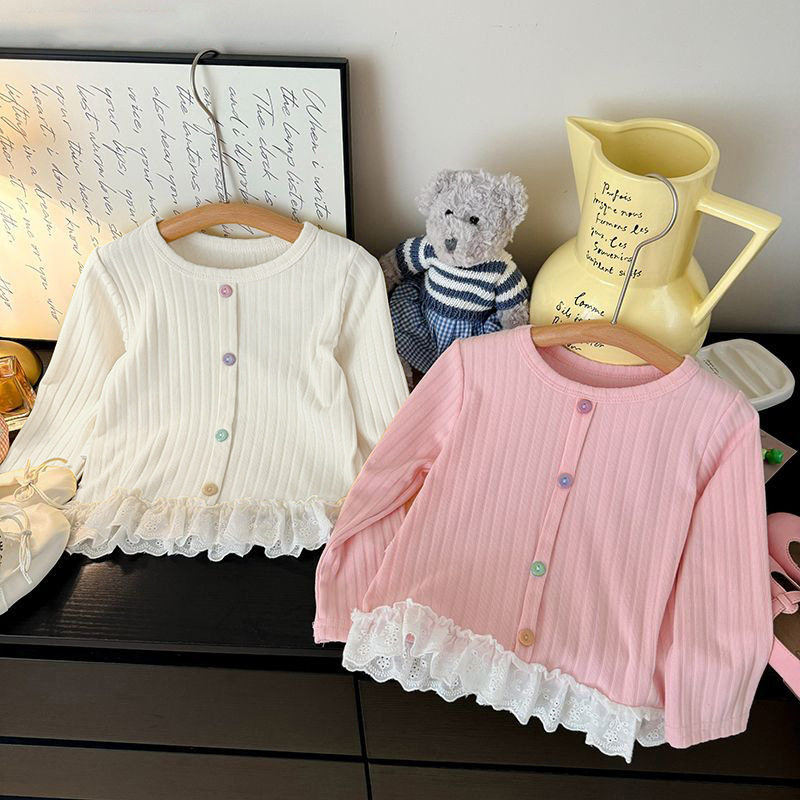 女童春秋季长袖t恤蕾丝花边韩版女宝宝甜美百搭空调衫打底衣夏天