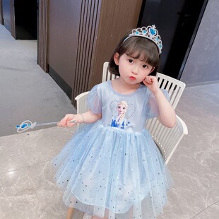 女童夏装短袖爱公主裙韩版小女孩冰雪奇缘泡泡袖网纱连衣裙洋气莎