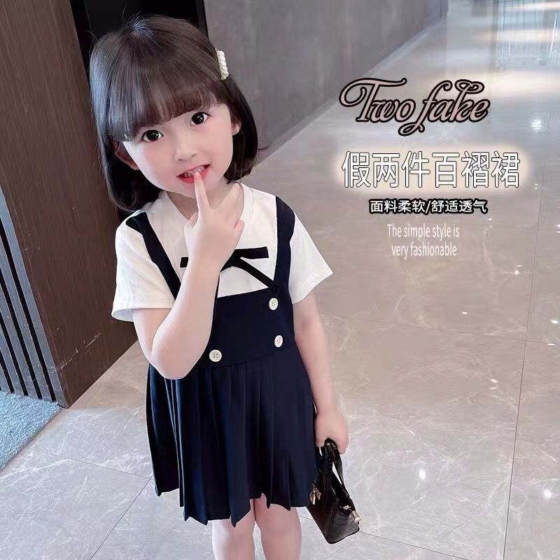 2024女童夏季新款短袖学院风韩版公主裙中小童百褶假两件连衣裙潮