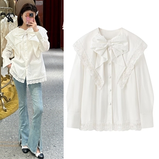 2025早秋新款法式复古仙气娃娃领长袖衬衫女大蝴蝶结钉珠宫廷风女