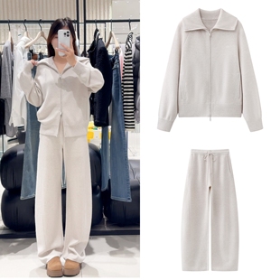 2026春季新品轻运动风翻领双头拉链针织开衫针织弯刀休闲长裤套装