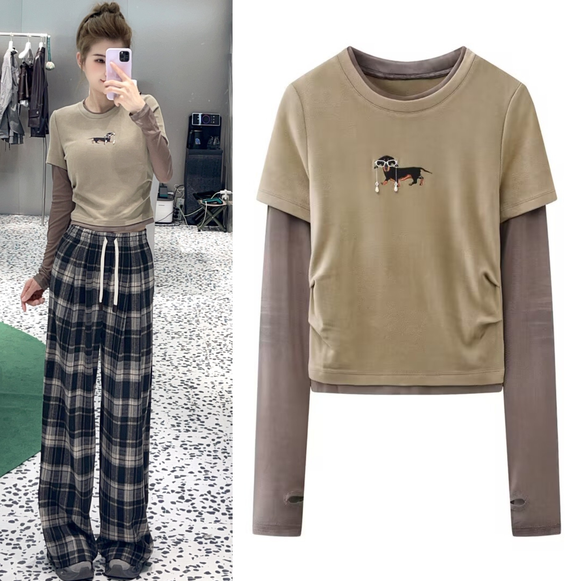 25秋冬新款腊肠眼镜小狗印花假两件长袖T恤女修身显瘦打底衫上衣