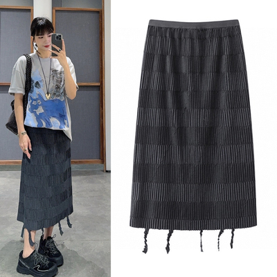 2025春夏新款松紧腰直筒中长款腰裙松紧腰显瘦流苏半身裙女