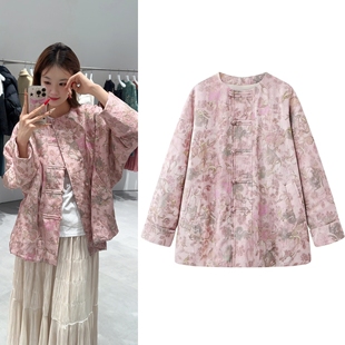 蔷薇粉棉服2026早春新款新中式国风复古提花盘扣圆领轻薄棉衣外套