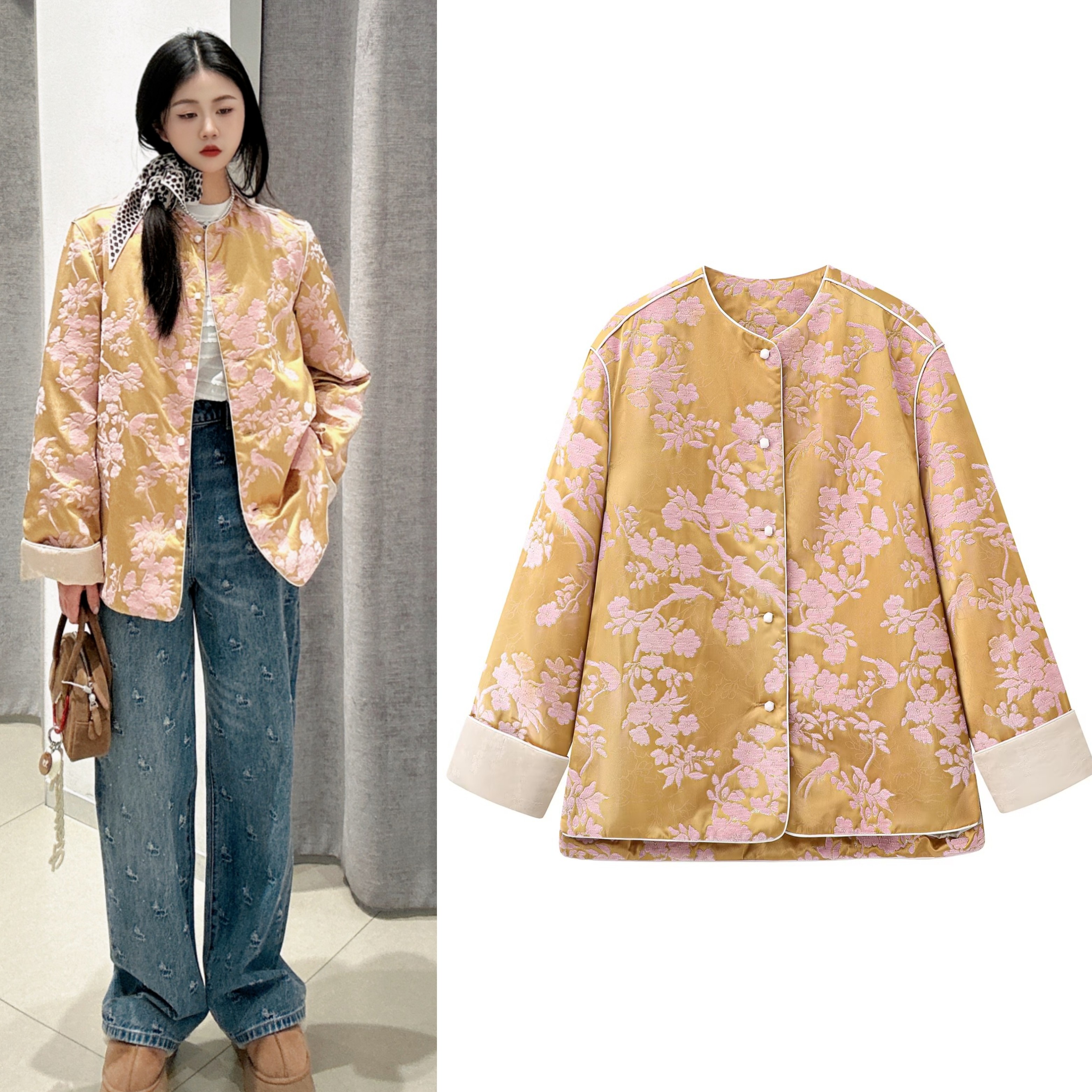 薄款棉服2026春季新款新中式国风刺绣提花圆领宽松棉衣外套女