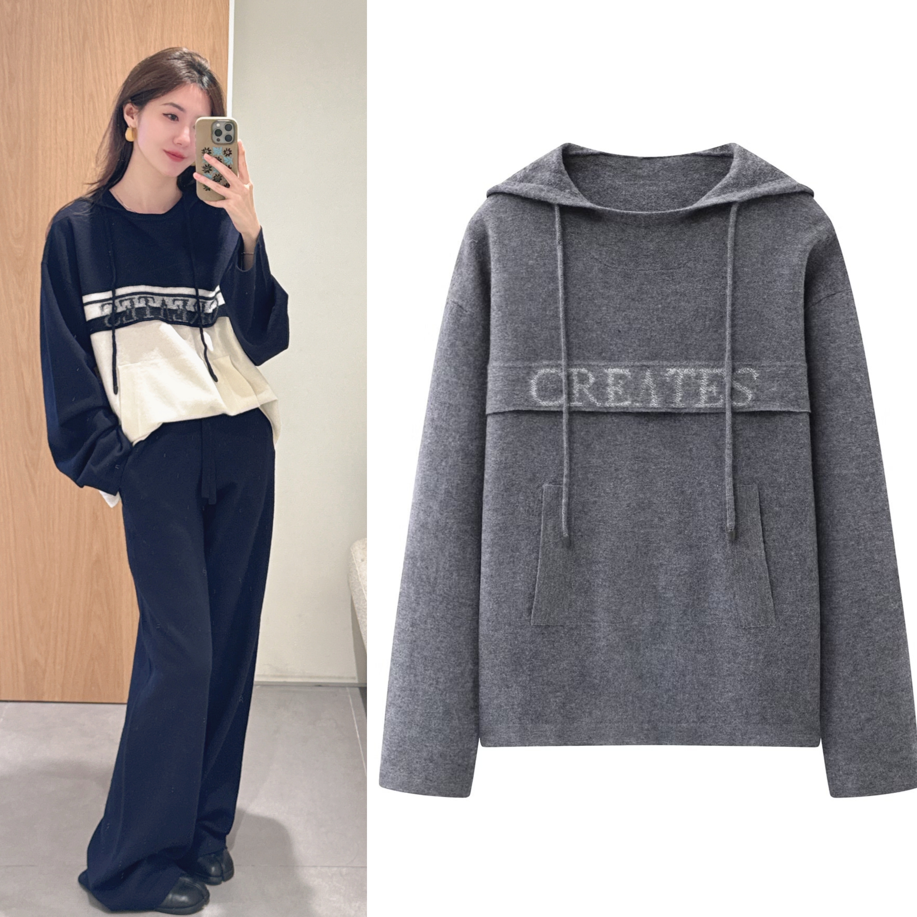 2025秋冬新款连帽宽松显瘦字母提花圆领长袖针织衫女毛衣上衣