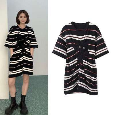 2025春季新款猫咪条纹T恤连衣裙