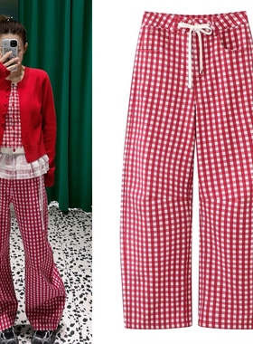 红色格纹减龄阔腿裤弯刀裤2026春款休闲高腰系带直筒裤格子长裤女