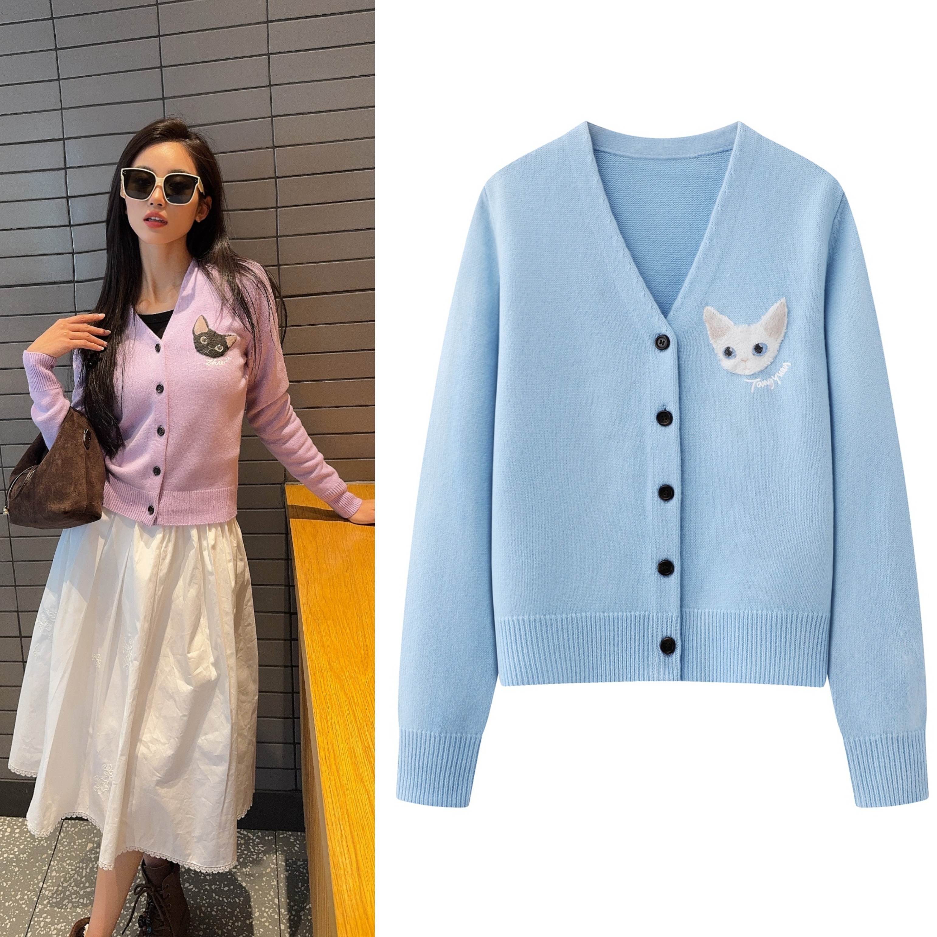 针织开衫2026春季新款萌宠猫咪图案V领毛衣上衣女