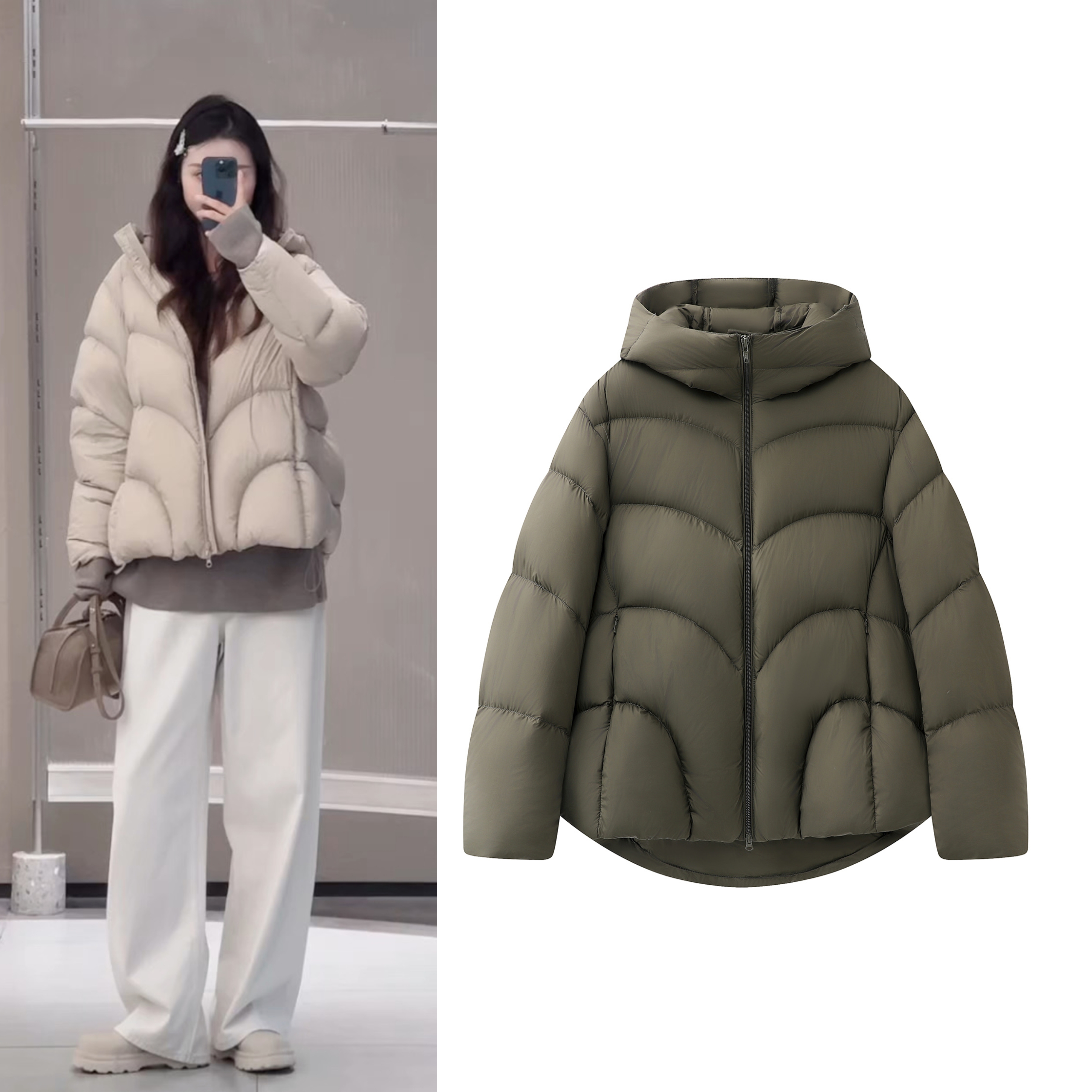 2025冬季新款纯色极简风宽松连帽泡芙羽绒服女白鸭绒加厚保暖外套