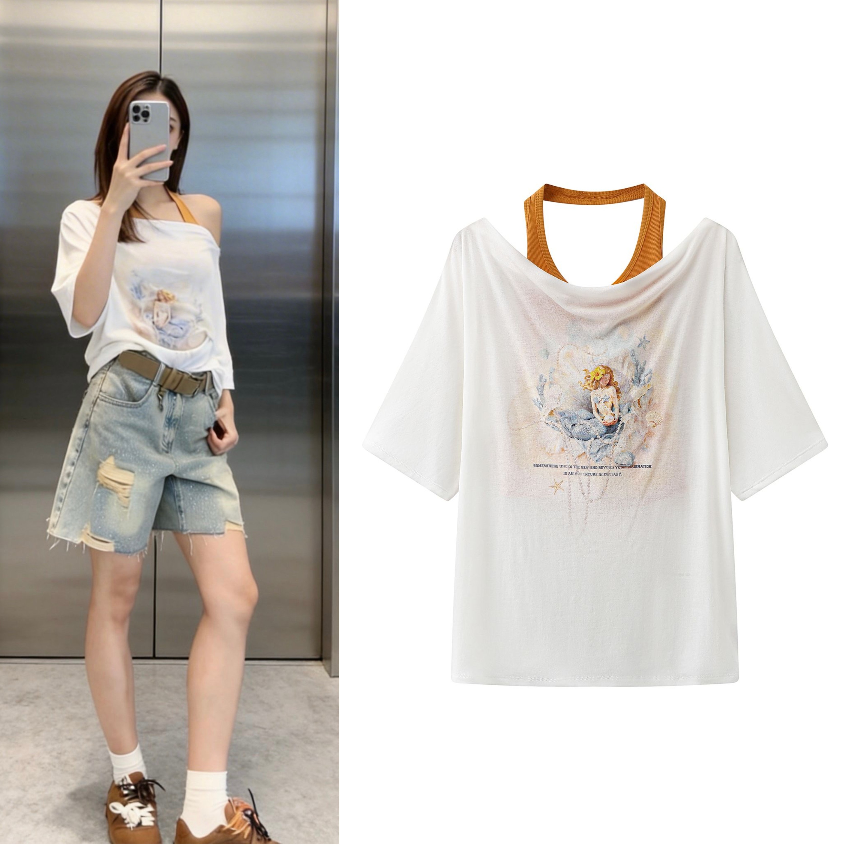 真两件套挂脖背心夏日文艺水彩人鱼印花软糯宽松漏肩纯欲T恤衫