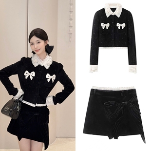 2025冬新款复古千金洛可可植绒波点丝绒小上衣女大蝴蝶结丝绒半裙