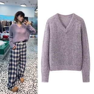 灰紫色毛衣2025冬季新款复古慵懒风V领套头女宽松针织衫上衣