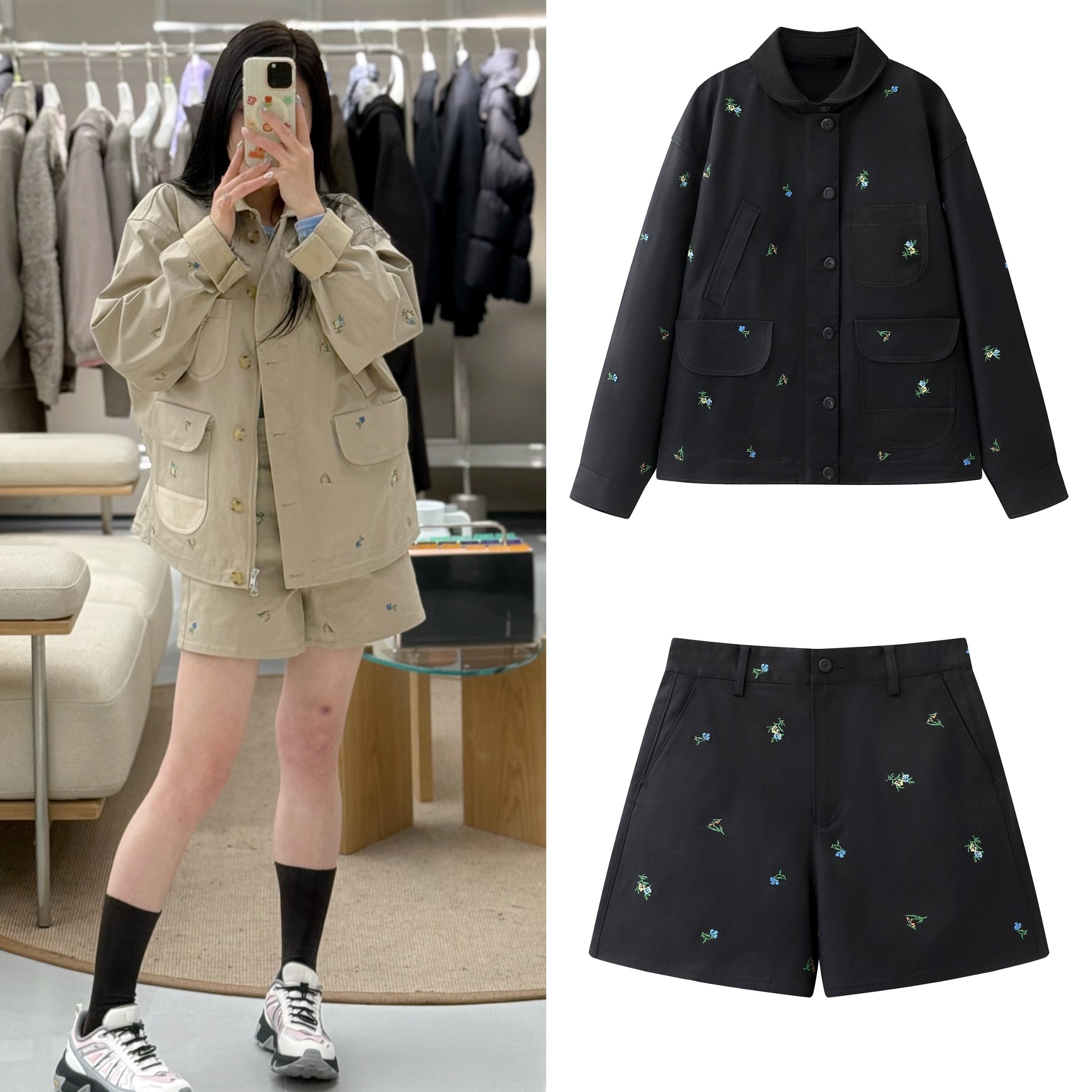 休闲夹克外套2026春季新品多口袋复古碎花刺绣小翻领高腰A字短裤